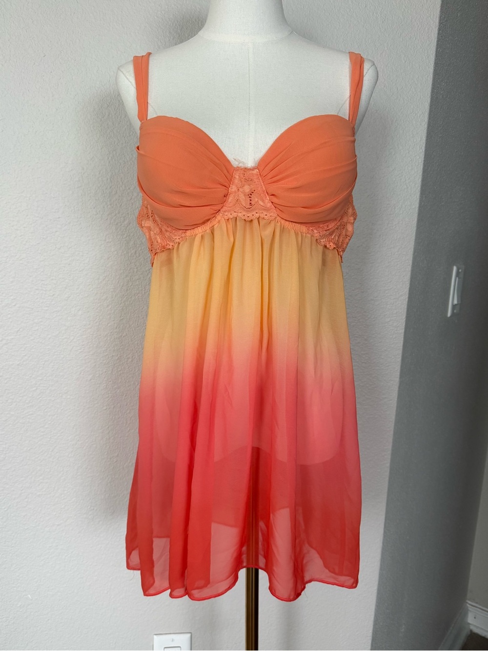 Ambrielle Ombre Babydoll Chemise Lingerie Slip Dress Orange Pink Yellow Size XL